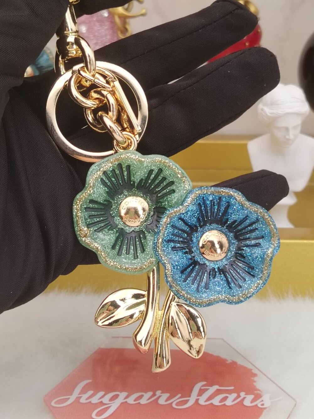Coach Flower Tea Rose Floral Bag Charm CEA08 Blue Green Multi